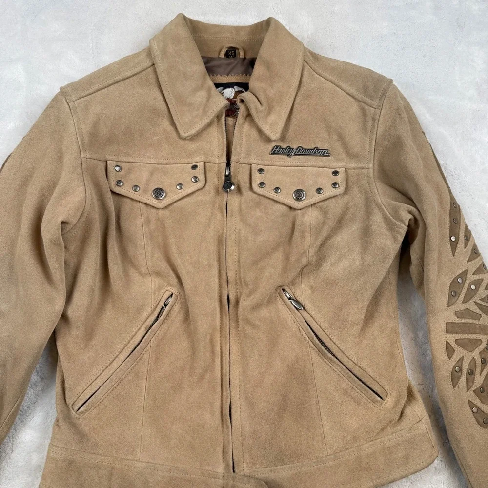 Harley Davidson Suede Leather Jacket Women's XS Embellished Motorcycle Biker Tan - Picture 2 of 10